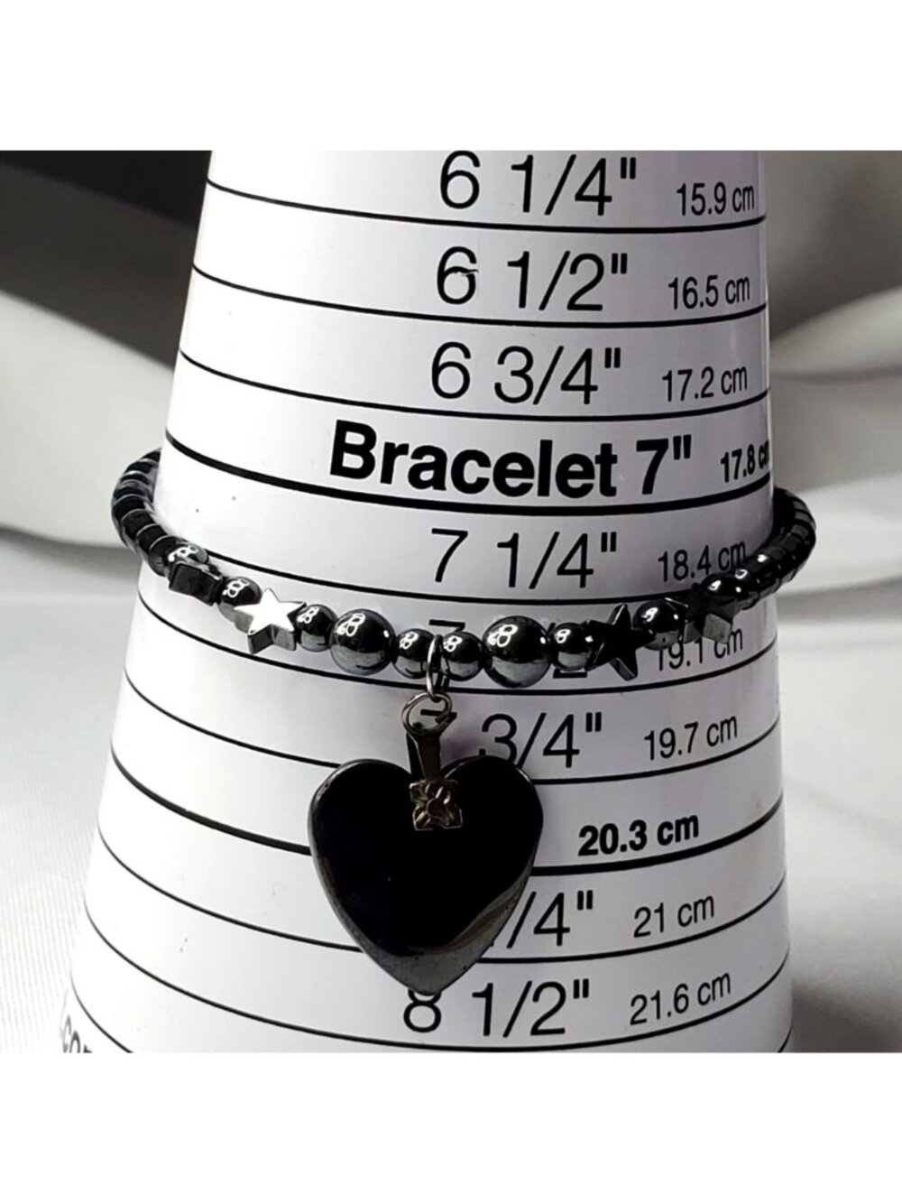 Silver Grey-Tone Hematite Beaded Bracelet With Heart Charm & Star Accents - Picture 6 of 6